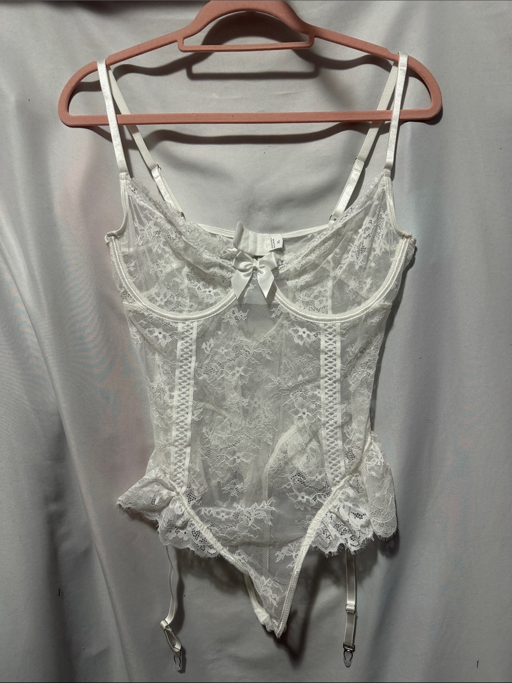 Sheer Lace Bustier Bodysuit with Bow - White